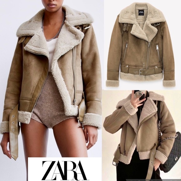 Zara trendy tan beige aviator faux suede Sherpa shearling moto jacket size XS - Picture 1 of 13